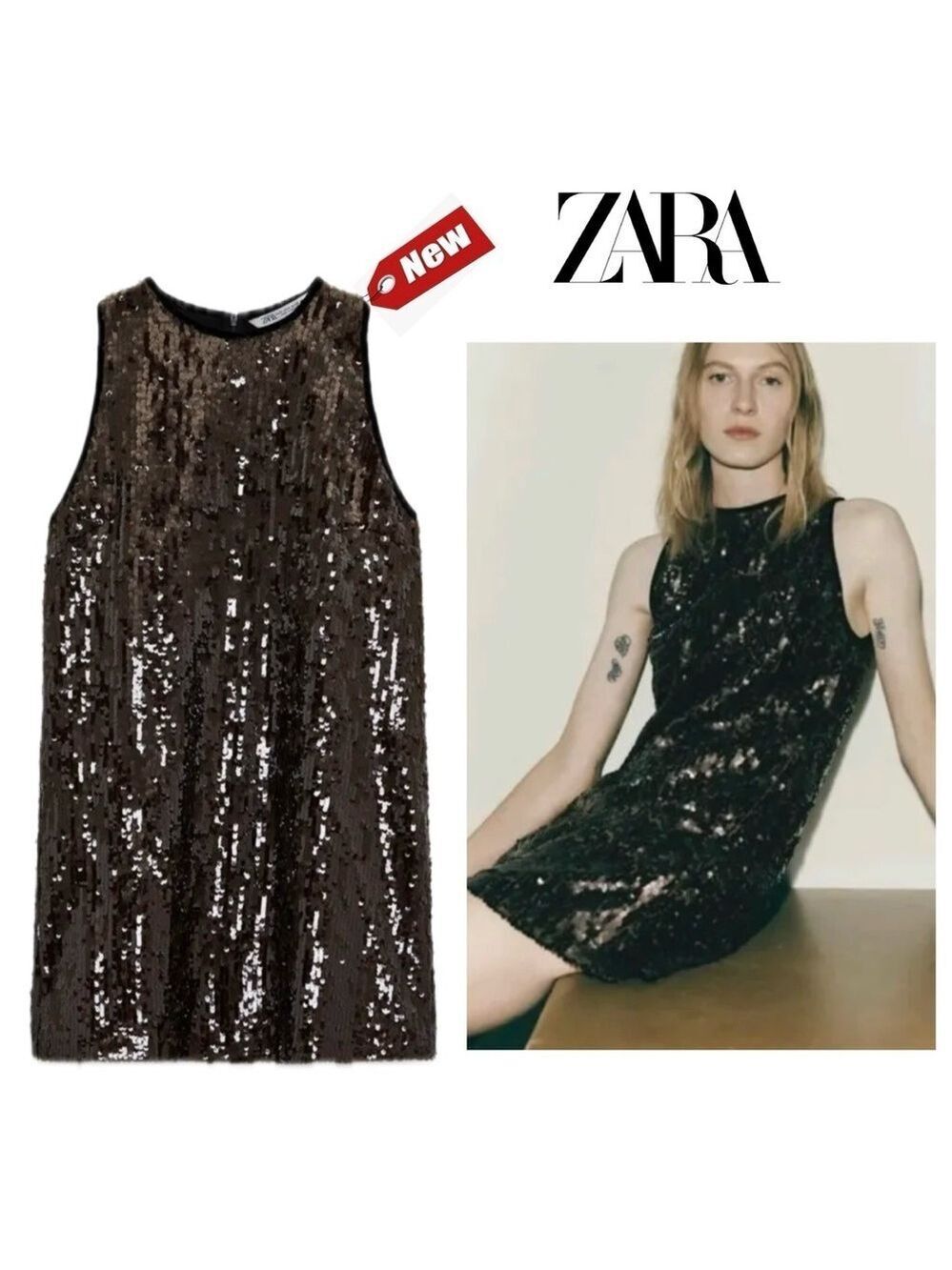 Zara dark chocolate brown sequin appliqué sleeveless short mini dress sparkly